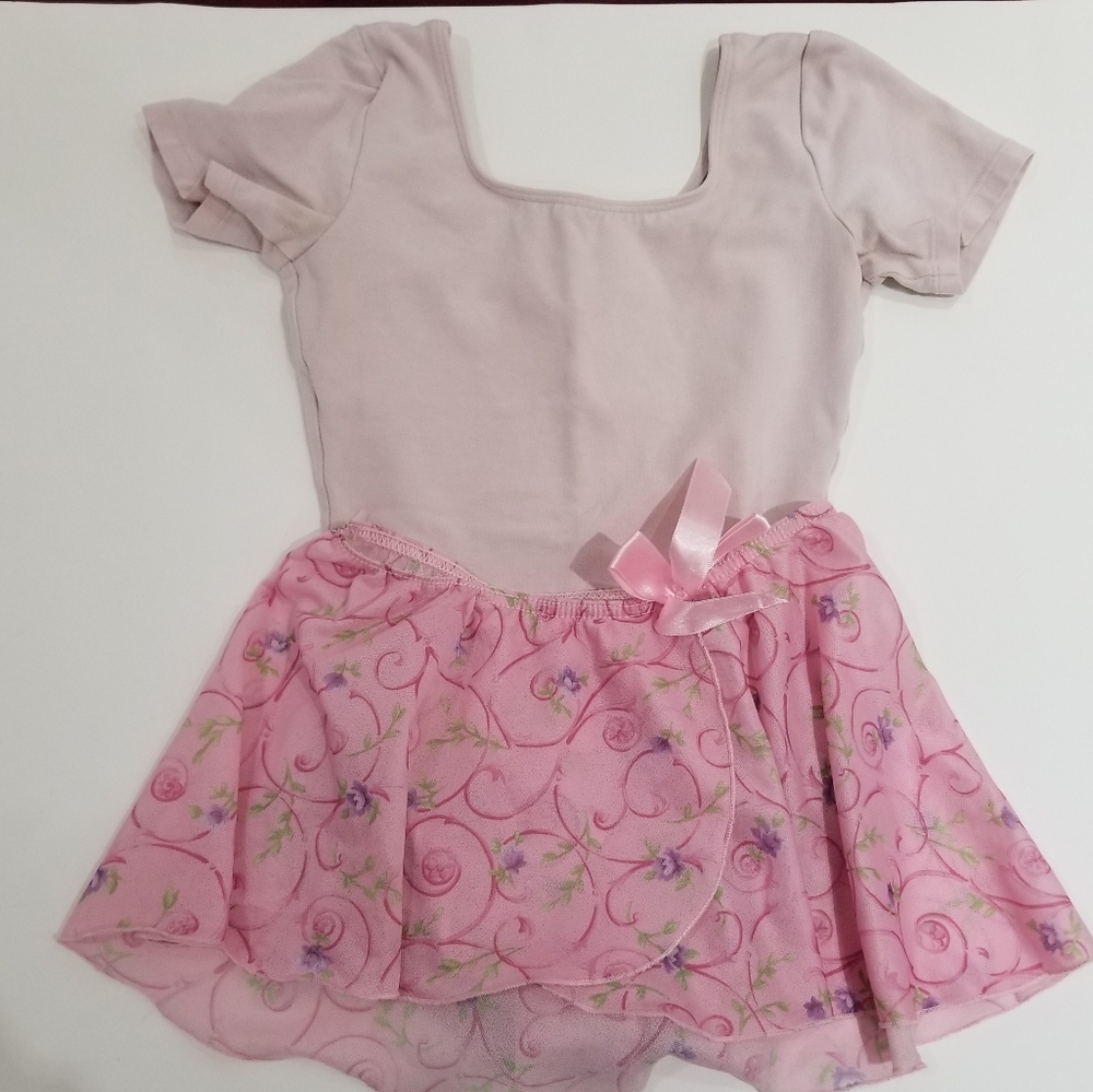 2pc Pink Floral Costume gymnastics bodysuit & skirt little girl size 8-10 (C24)